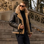 Men's black PU leather aviator jacket with sherpa lining