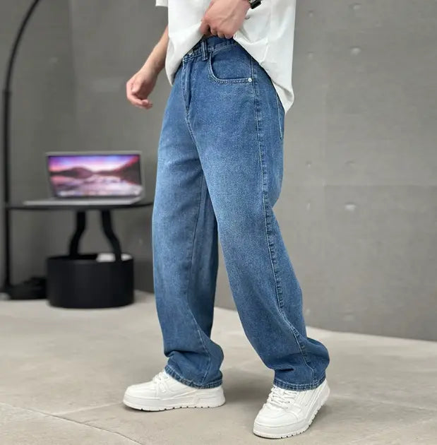 Men's blue straight leg cotton jeans