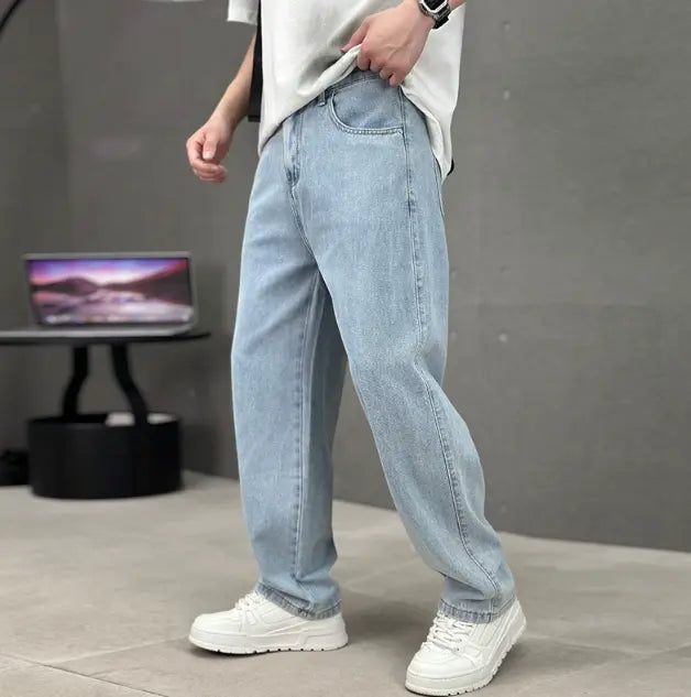 Men's light blue straight leg cotton jeans