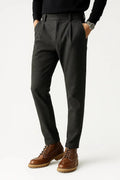 Men's charcoal pleated slim tapered wool blend trousers