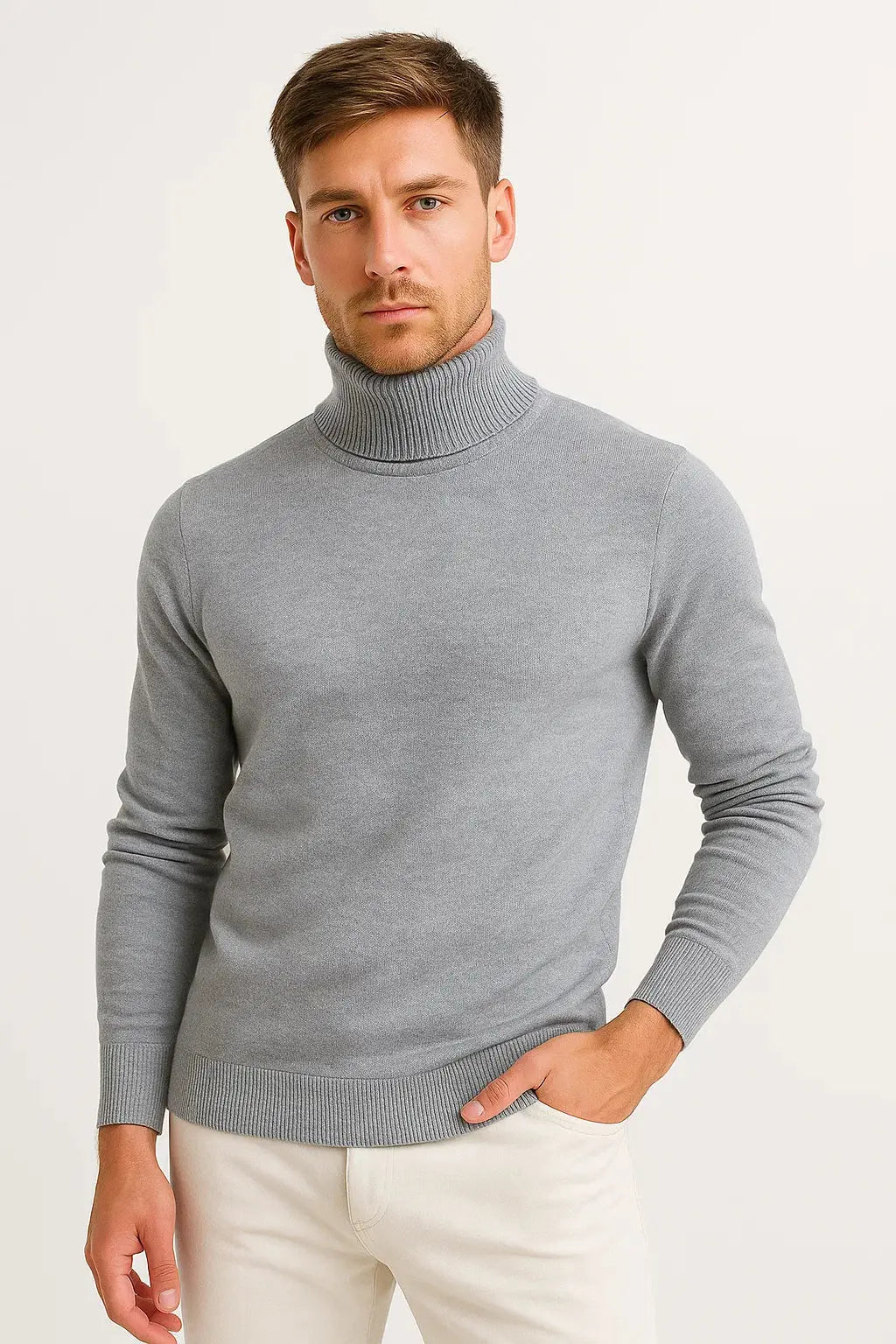 Men's grey virgin wool polo neck jumper