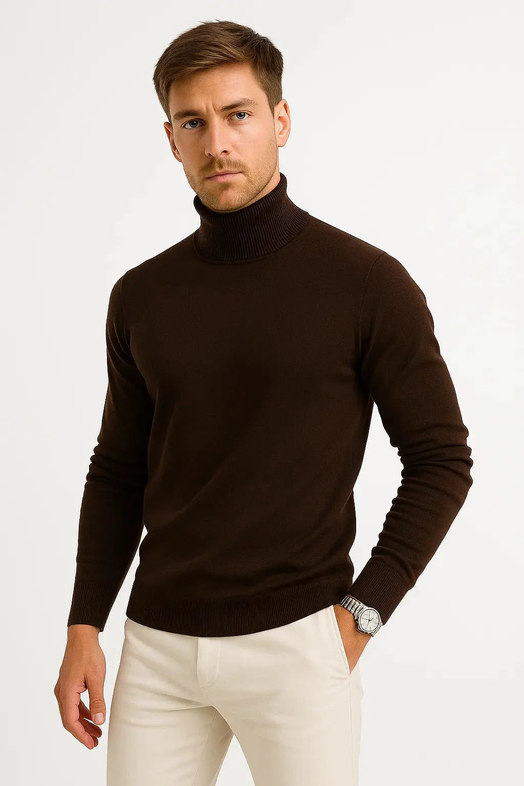 Men's dark brown virgin wool polo neck jumper