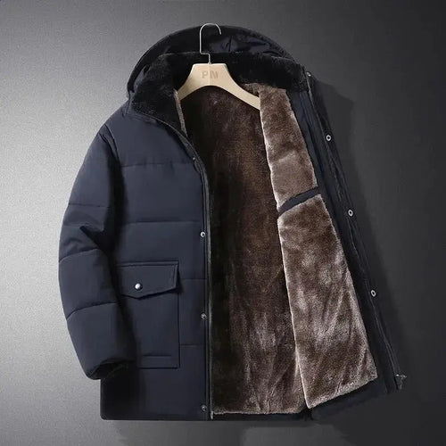 Men's navy hooded winter jacket with fleece lining