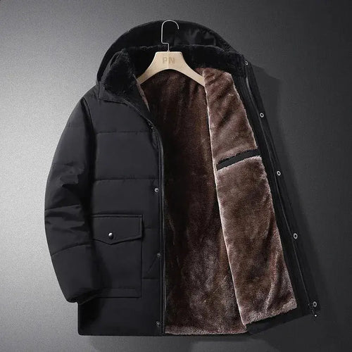Men's black hooded winter jacket with fleece lining