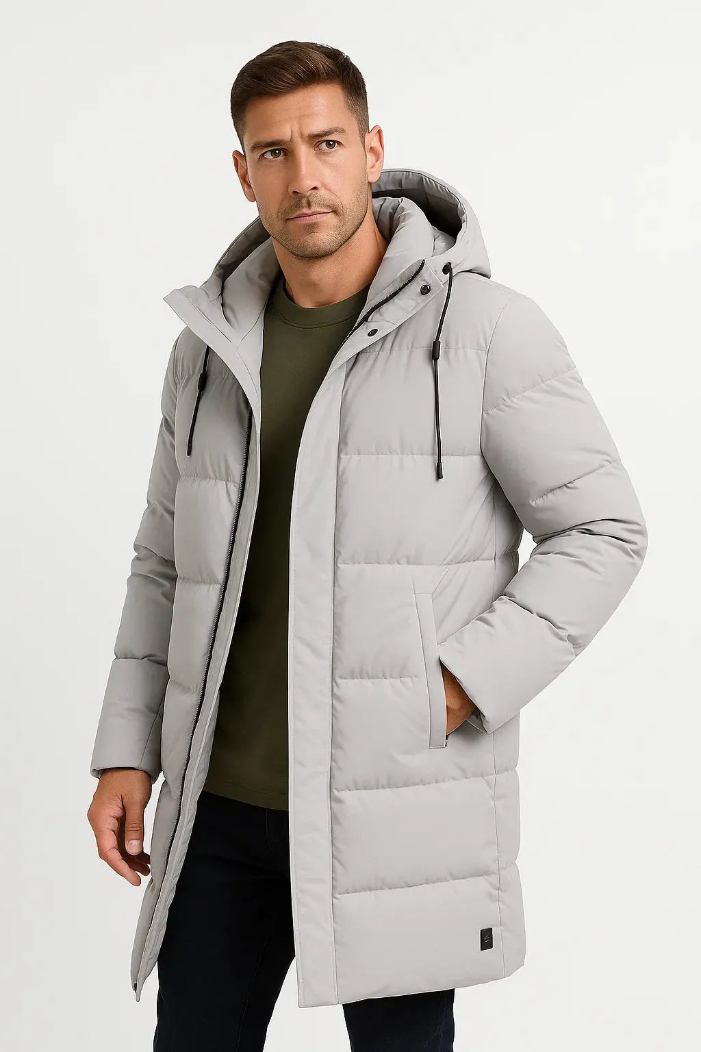 Men's light grey hooded down puffer jacket