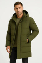 Men's army green hooded down puffer jacket