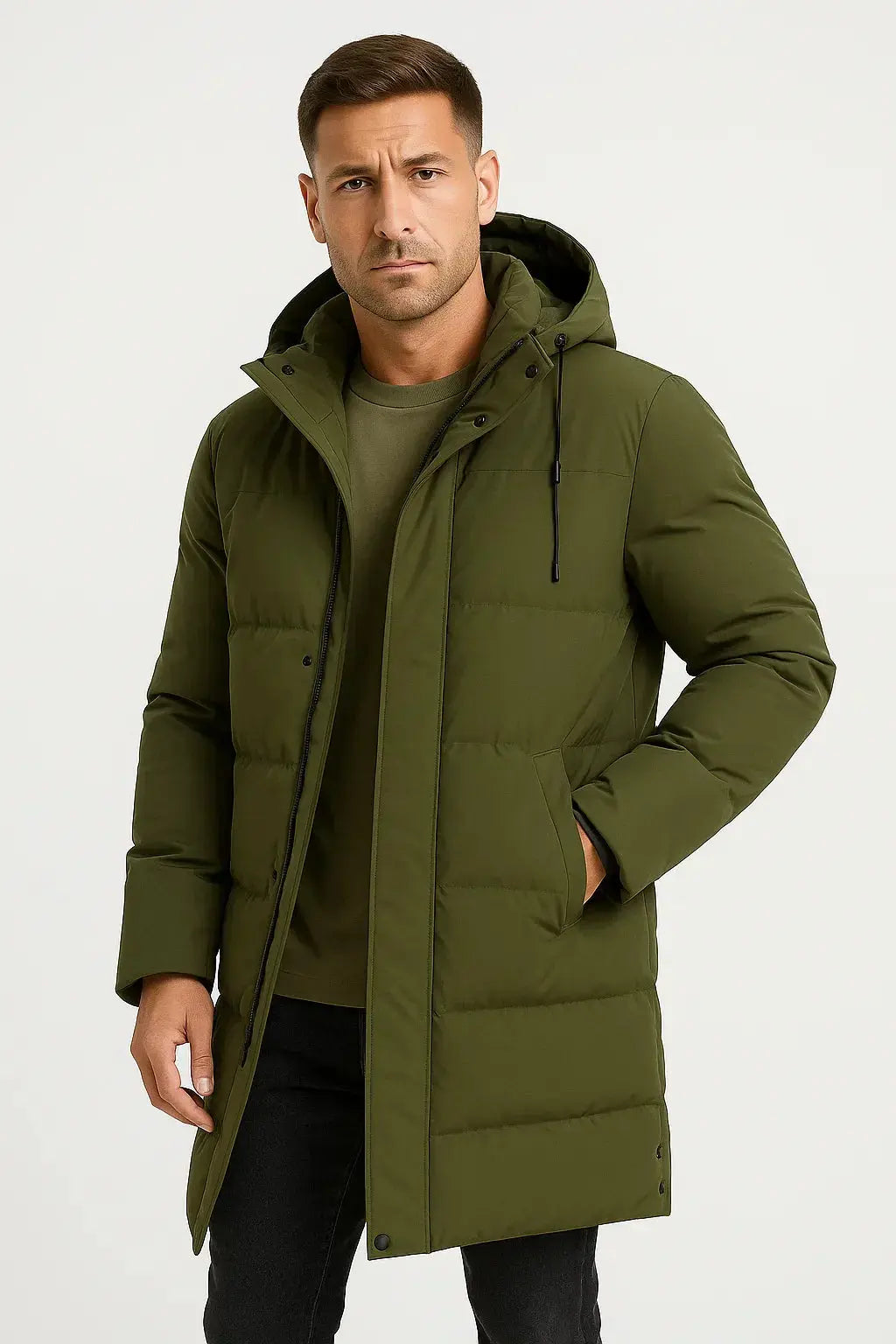 Men's army green hooded down puffer jacket