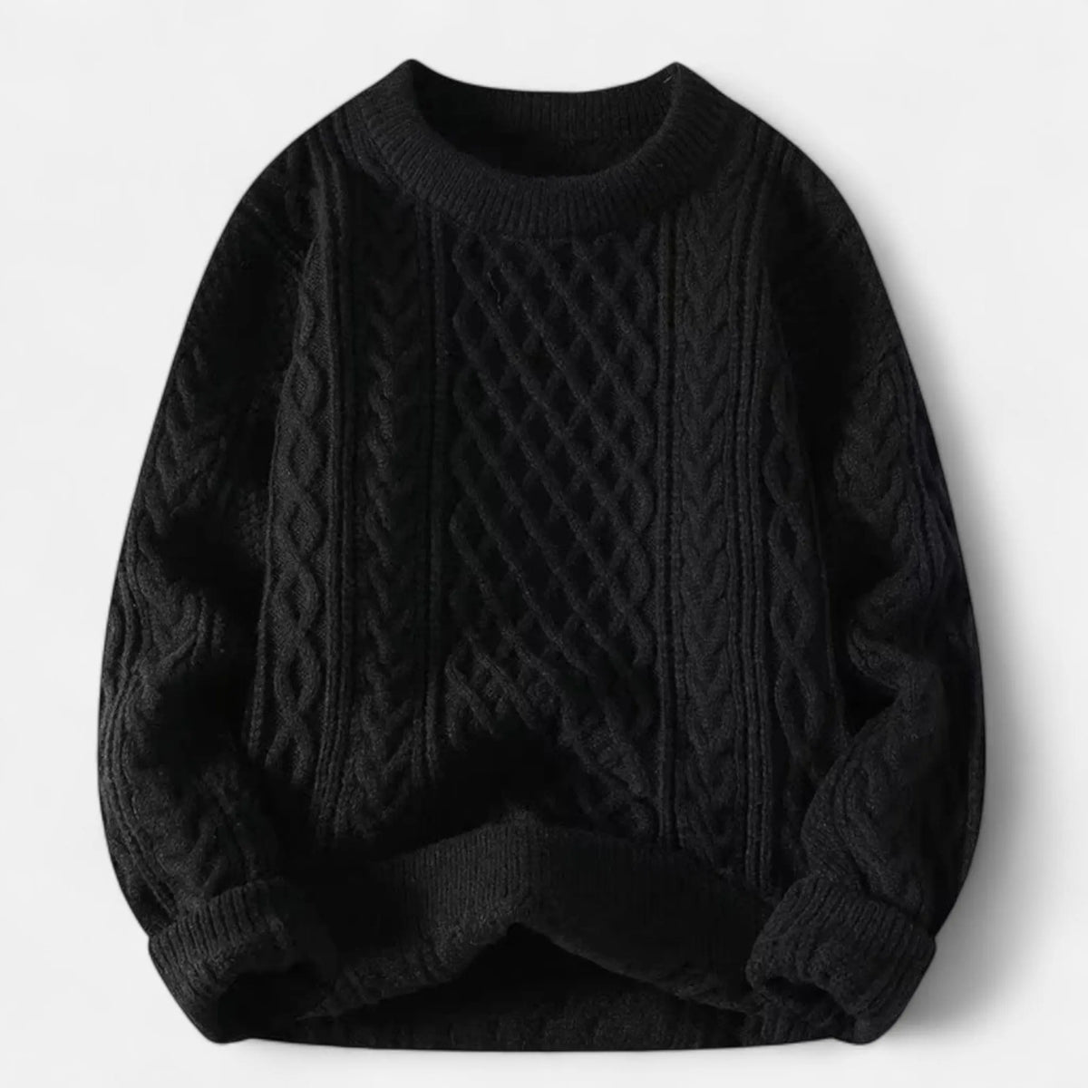 Men's black wool cable knit crew neck jumper