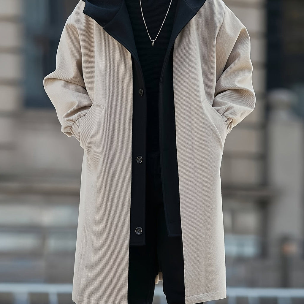 Oversized hooded longline coat, front view