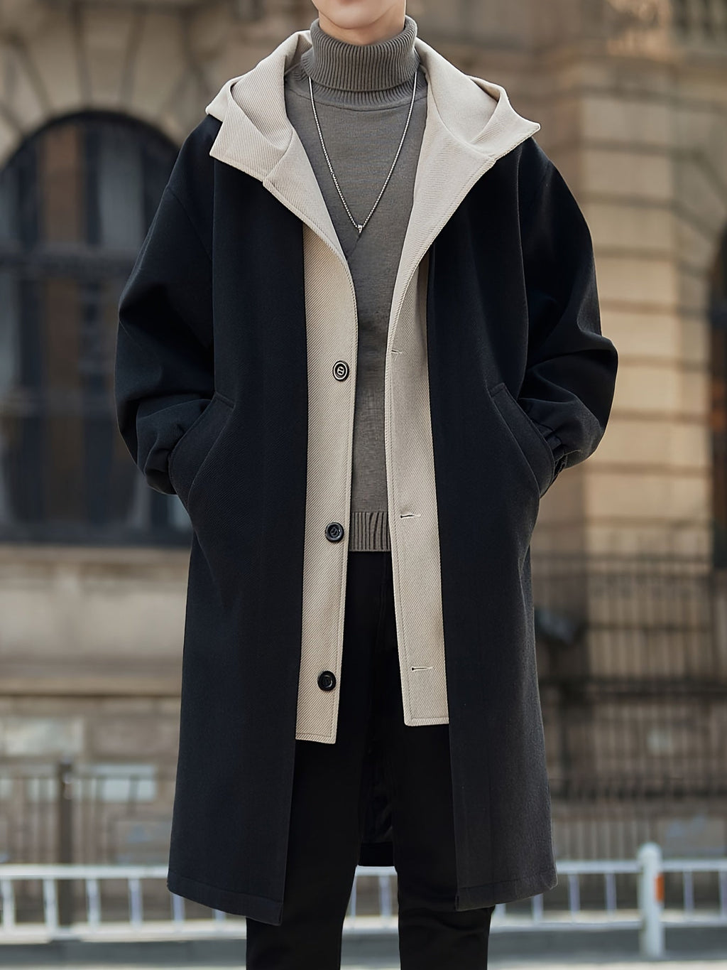 Close-up of fabric texture on oversized longline coat