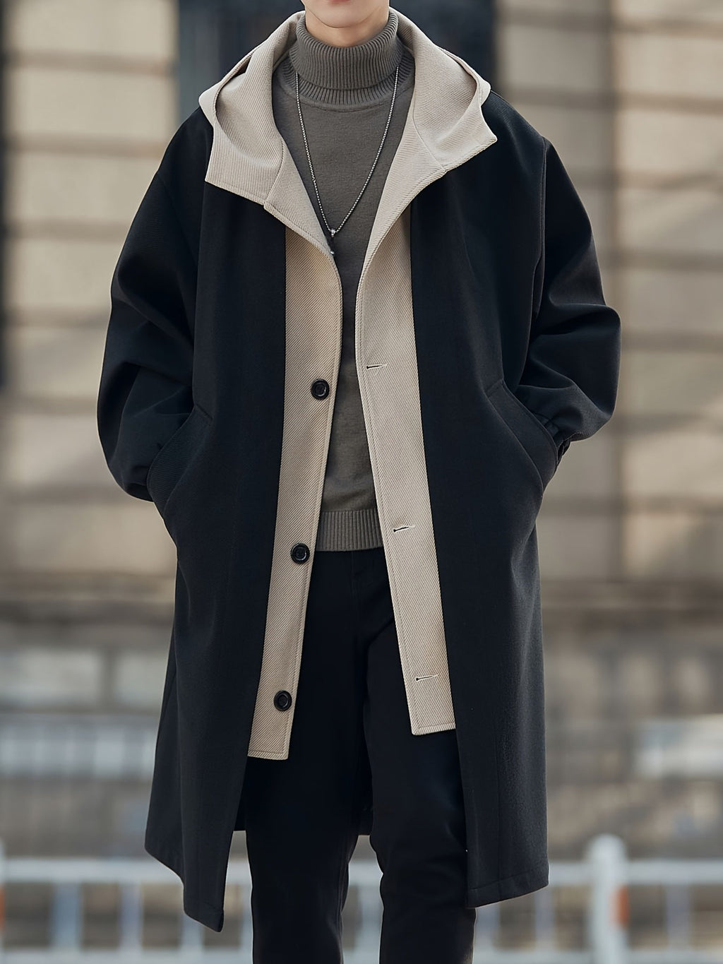 Oversized hooded longline coat laid flat