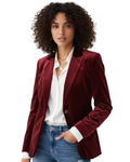 Red single-breasted velvet blazer for women with gold buttons