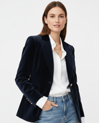 Red single-breasted velvet blazer for women with gold buttons