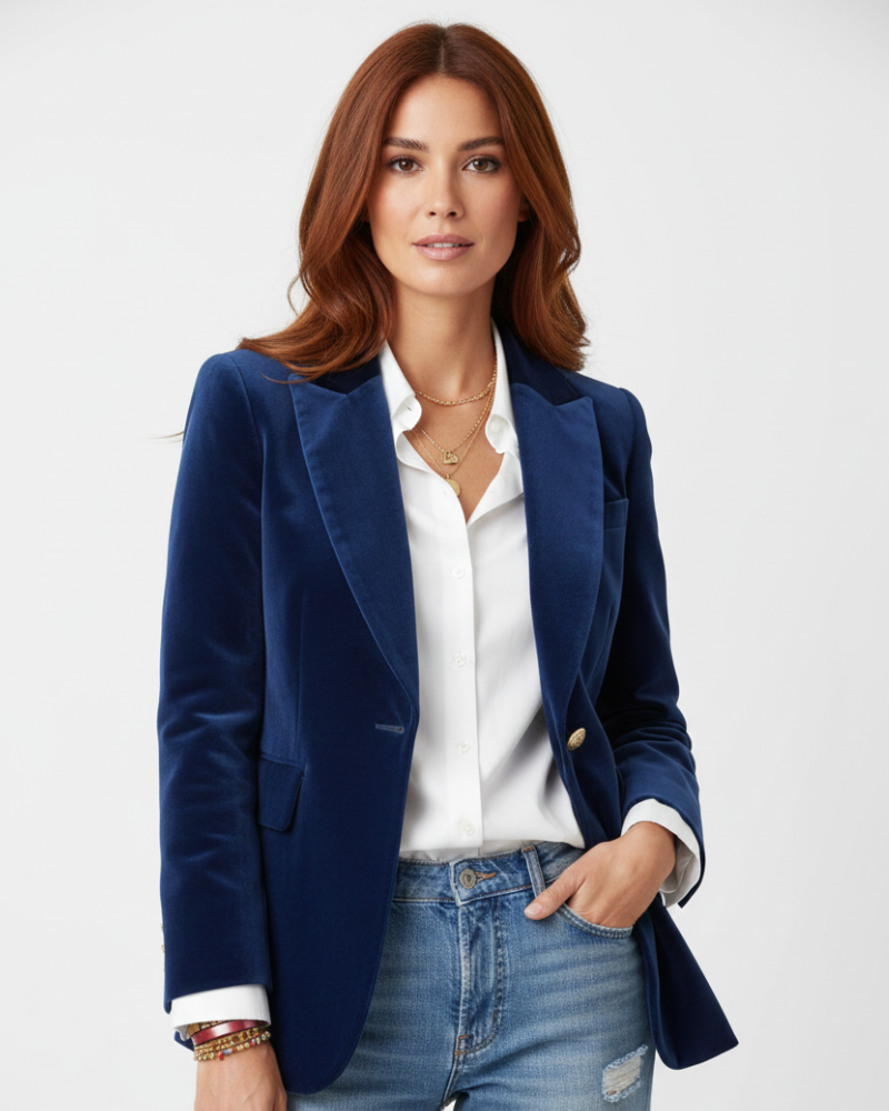 Red velvet blazer for women with gold buttons and a tailored fit