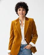 Red velvet blazer for women with gold buttons and a tailored fit