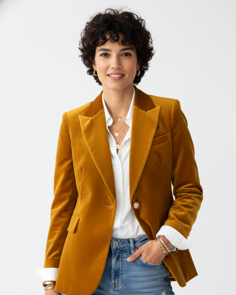 Red velvet blazer for women with gold buttons and a tailored fit