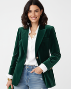 Red velvet blazer for women with gold buttons and a tailored fit