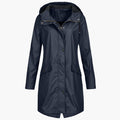 Hooded waterproof raincoat, front view