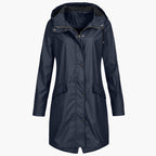 Hooded waterproof raincoat, front view