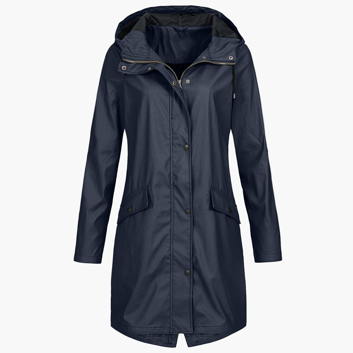 Hooded waterproof raincoat, front view