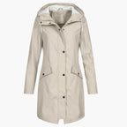Hooded waterproof raincoat, back view