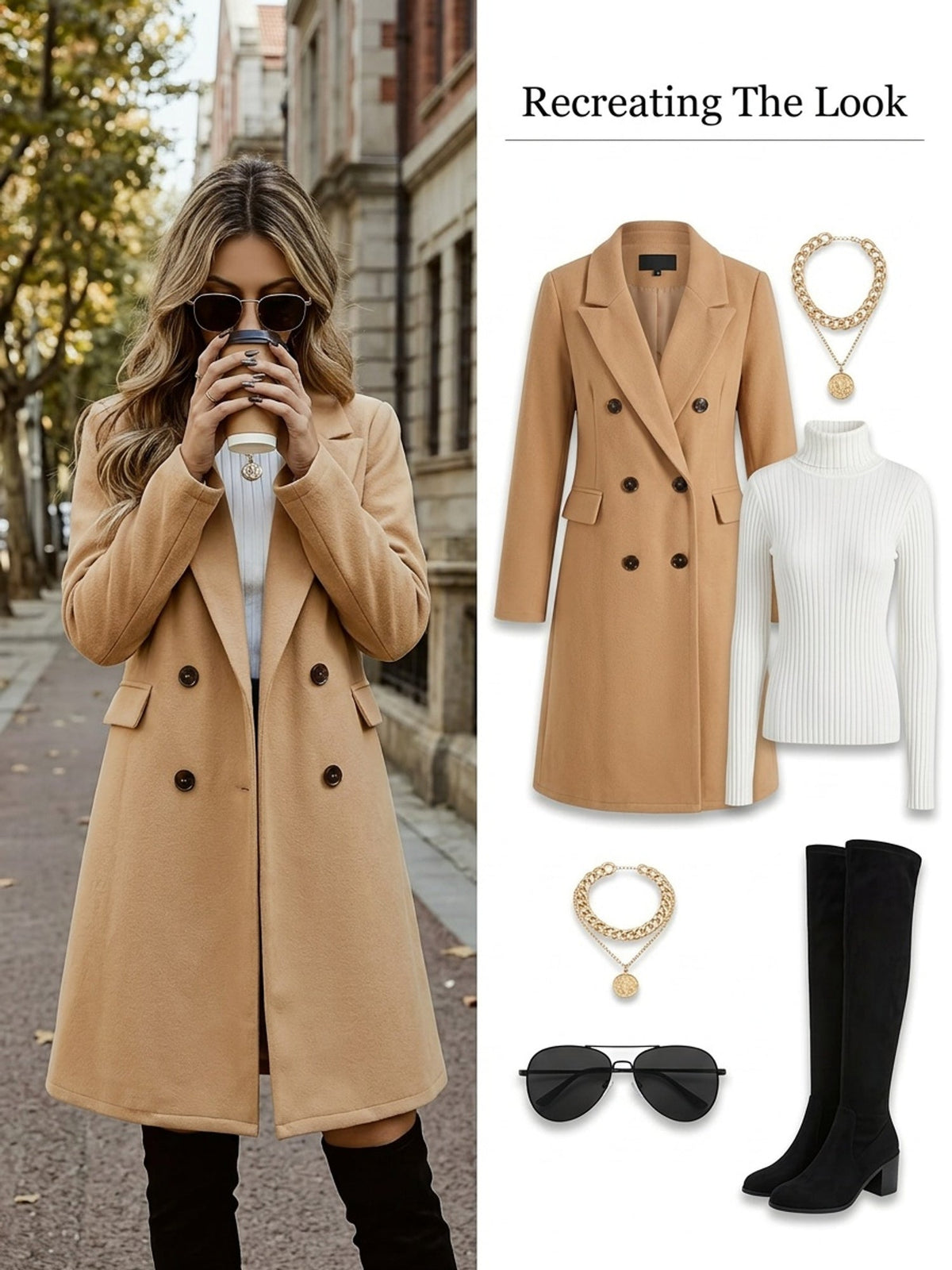 Ginger brown double-breasted mid-length coat with wide lapel