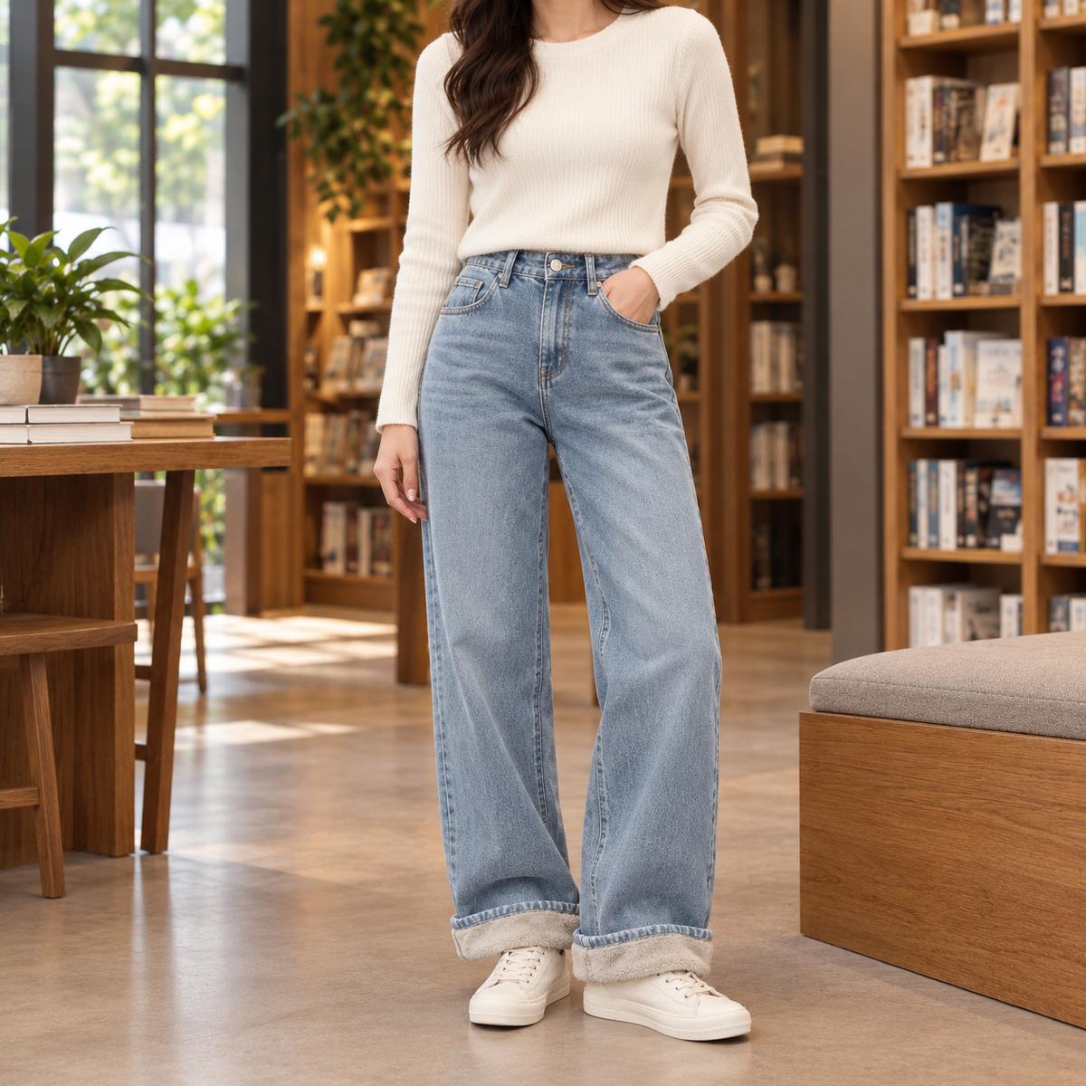 Women's fleece lined wide leg jeans with a high rise and warm lining, front view
