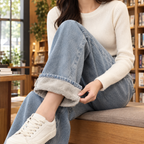 Women's light blue fleece lined wide leg jeans with a high rise and warm lining