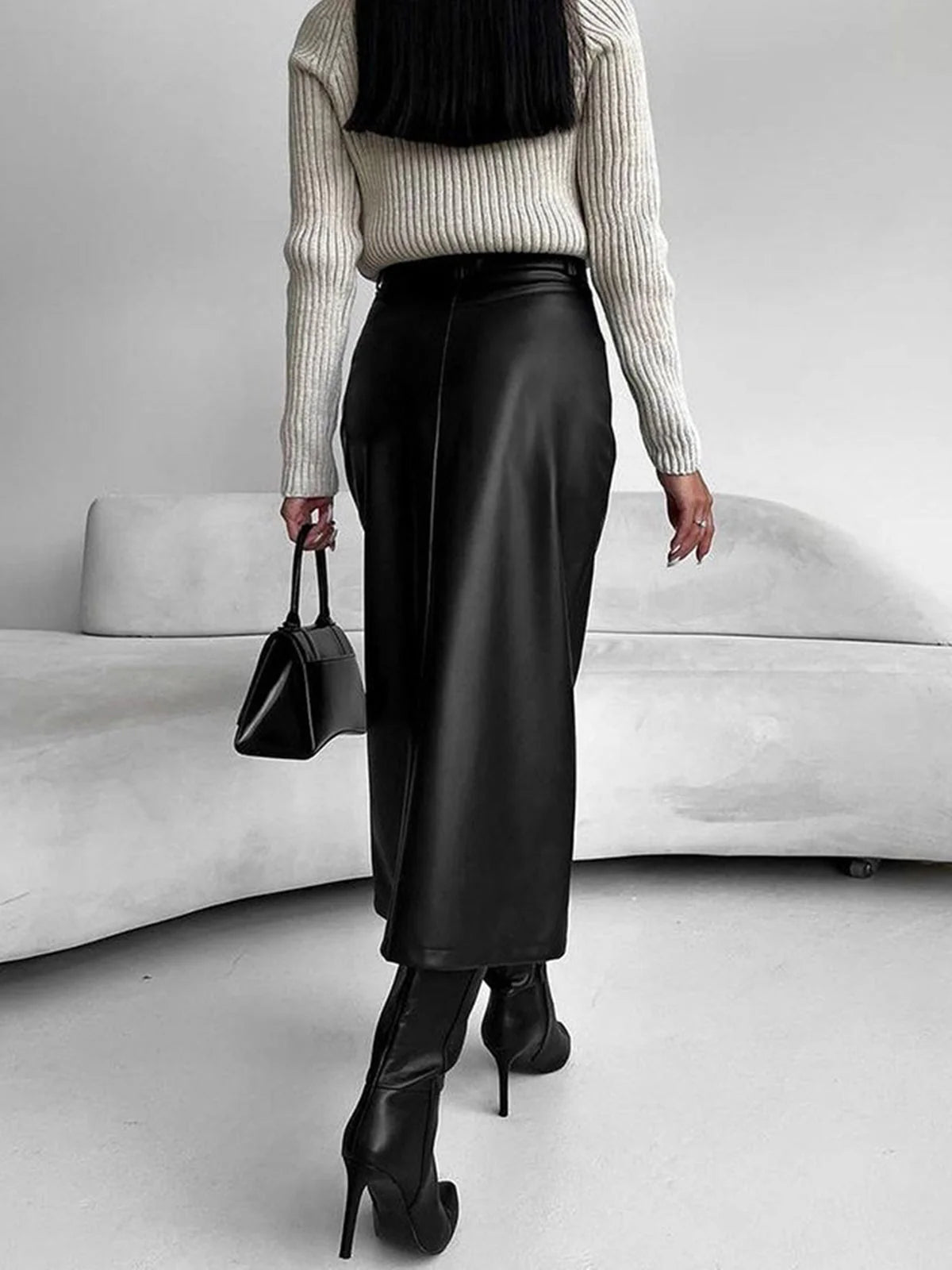 Women's high waist faux leather midi skirt