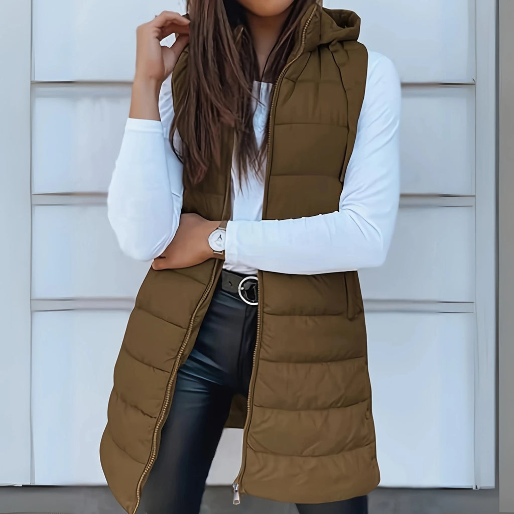 Women's khaki long hooded puffer gilet