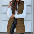 Women's khaki long hooded puffer gilet