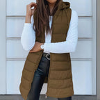 Women's khaki long hooded puffer gilet