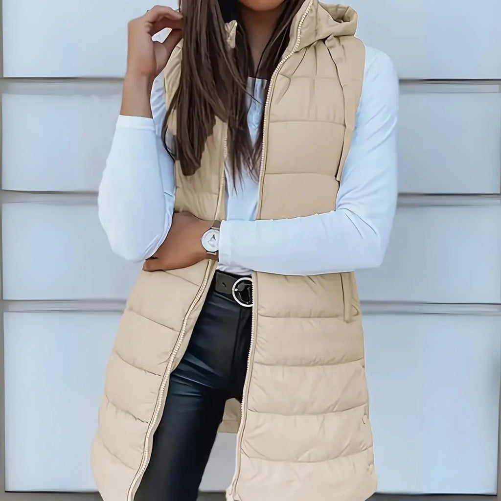 Women's beige long hooded puffer gilet