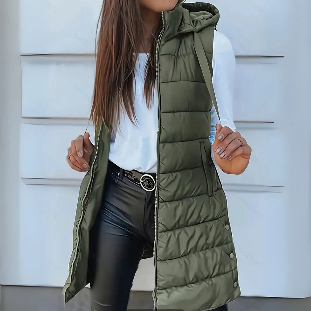 Women's army green long hooded puffer gilet