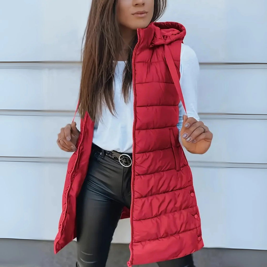Women's red long hooded puffer gilet