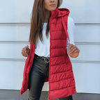 Women's red long hooded puffer gilet