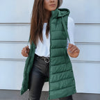 Women's forest green long hooded puffer gilet