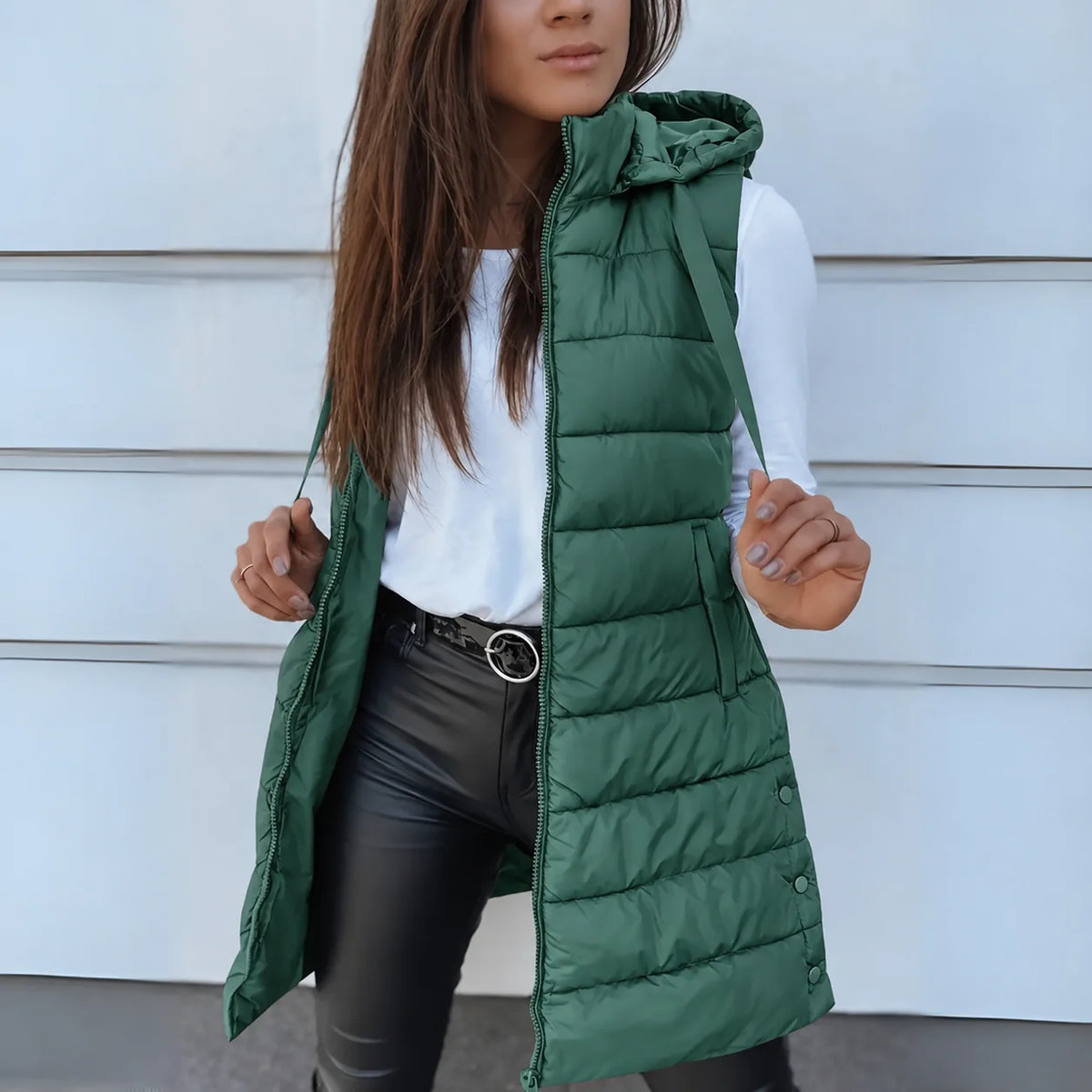 Women's forest green long hooded puffer gilet