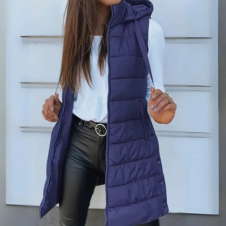 Women's navy long hooded puffer gilet