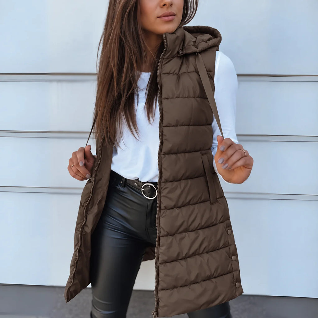 Women's brown long hooded puffer gilet