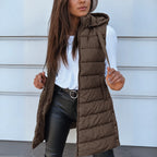 Women's brown long hooded puffer gilet