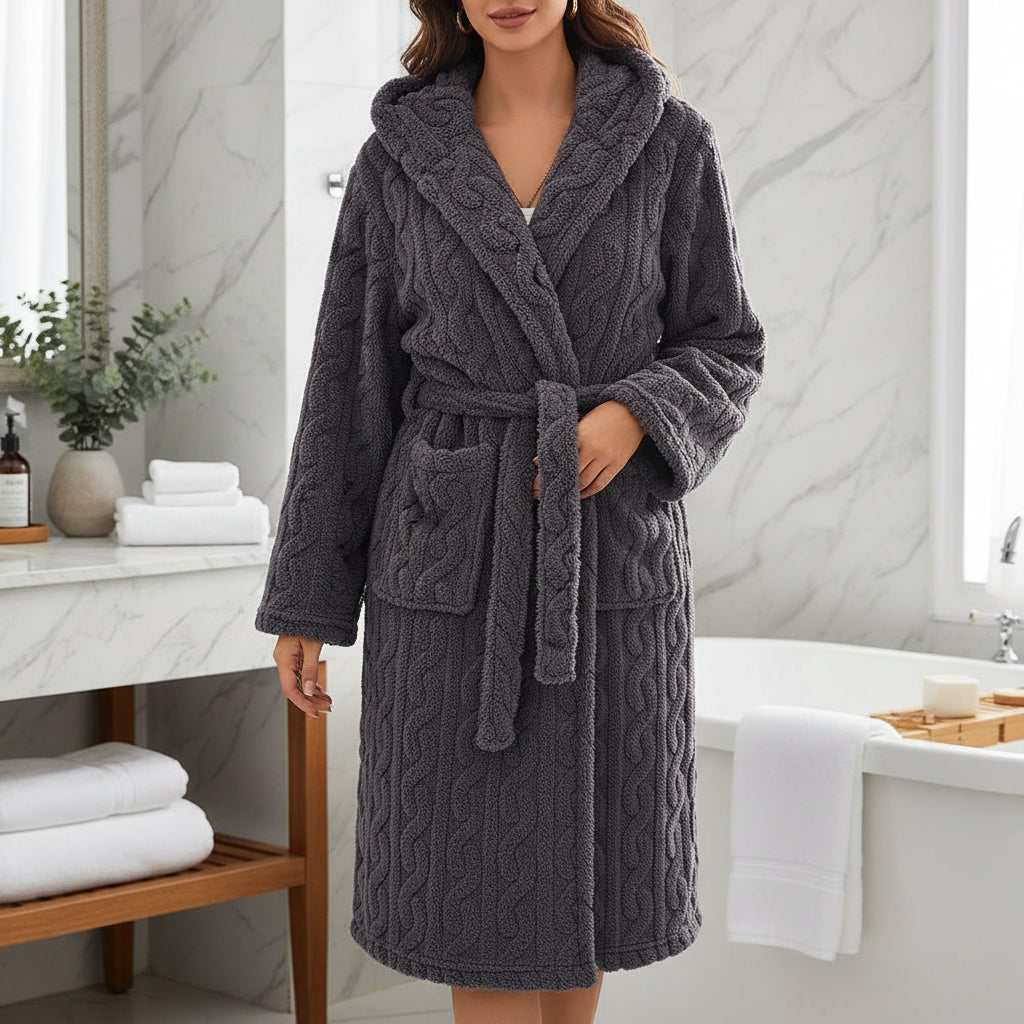 Hooded fleece dressing gown, product still life