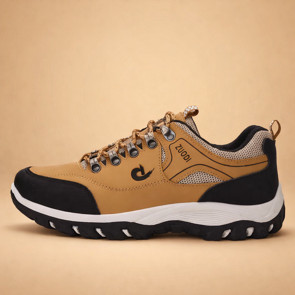 Brown men's breathable trail hiking shoes with a grip outsole