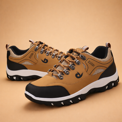Brown men's breathable trail hiking shoes with a grip outsole