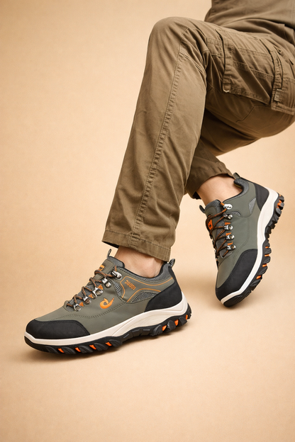 Brown men's breathable trail hiking shoes with a grip outsole