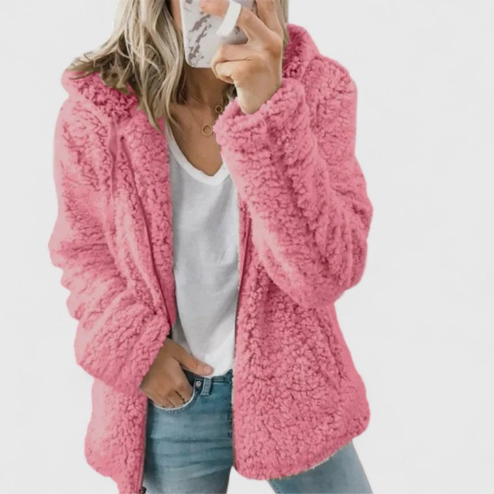 Women's Hot Pink Hooded Sherpa Fleece Jacket for Cosy Autumn Days