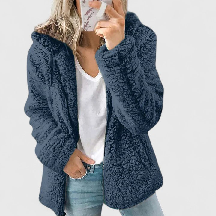 Women's Blue Hooded Sherpa Fleece Jacket for Cosy Autumn Days