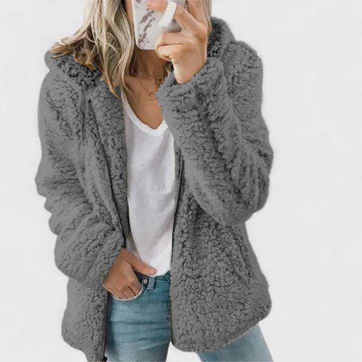 Women's Dark Grey Hooded Sherpa Fleece Jacket for Cosy Autumn Days