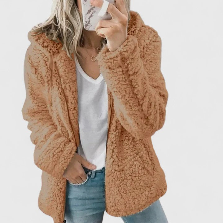 Women's Coffee Hooded Sherpa Fleece Jacket for Cosy Autumn Days