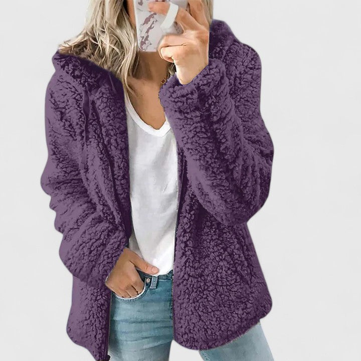 Women's Purple Hooded Sherpa Fleece Jacket for Cosy Autumn Days